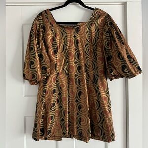 Vintage Patterned Puff Sleeve Mini Dress